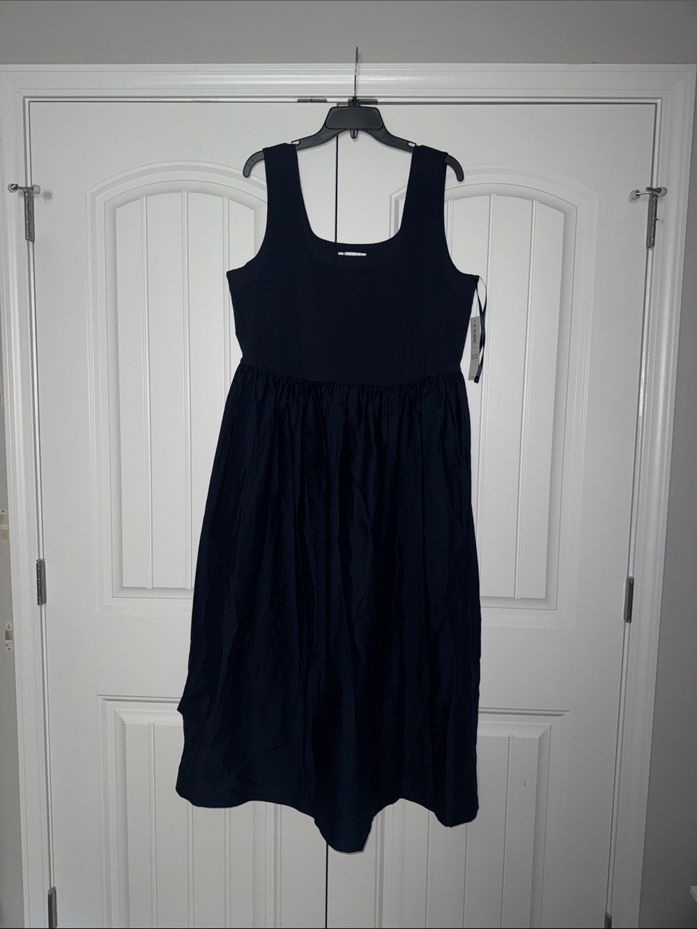 Sleeveless Navy Midi Dress with Gathered Skirt